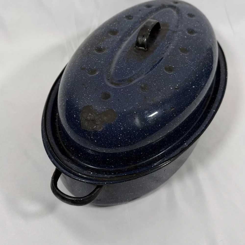 Vintage Enamelware Roaster Pan Large Blue White Speckled Oval Lidded Pot 15 Inch